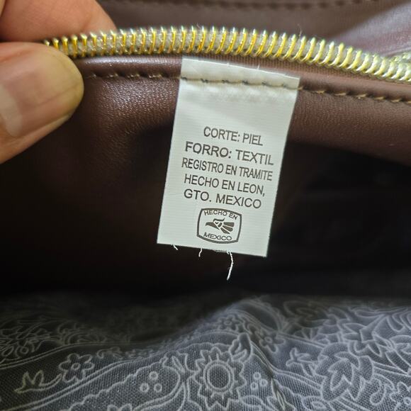 Mexican Hand-Tooled Floral Design Brown Leather Satchel Tote Bag - Picture 4 of 5